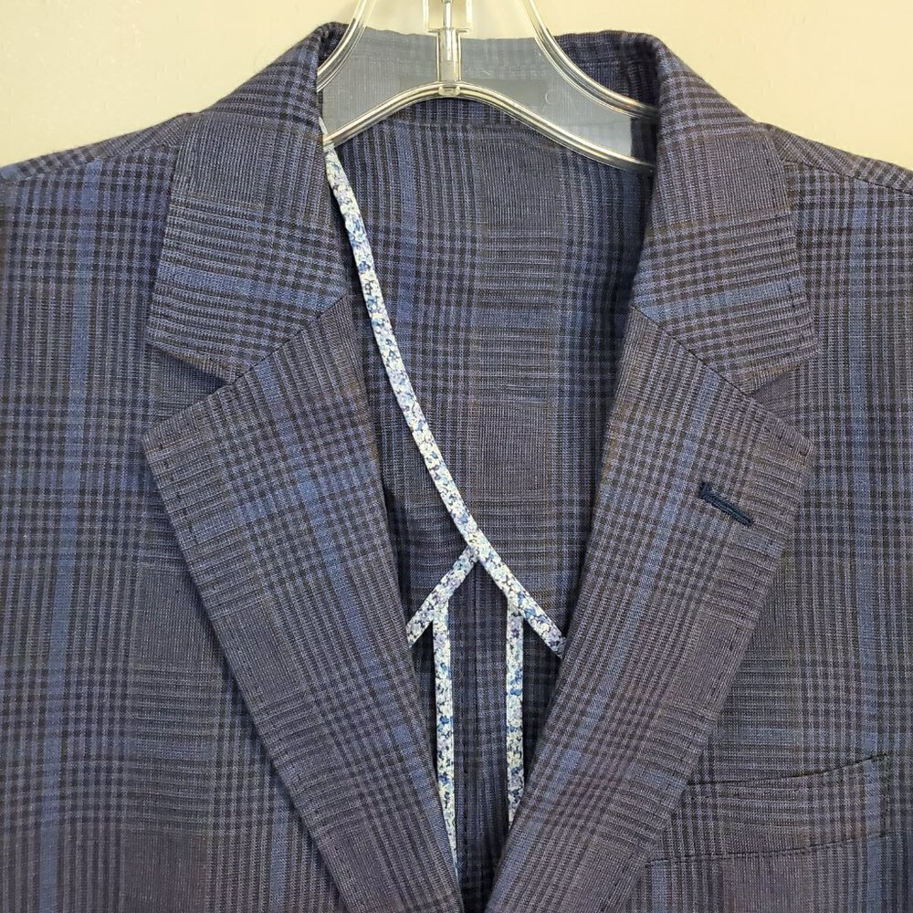 Bugatchi 2 button Linen Blazer Mens Size 42 Running Plaid‎ Blue Gray double vent